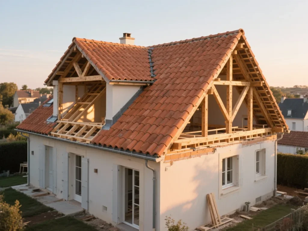 Maison avec toiture rénovée en France, tuile terre cuite sous lumière douce