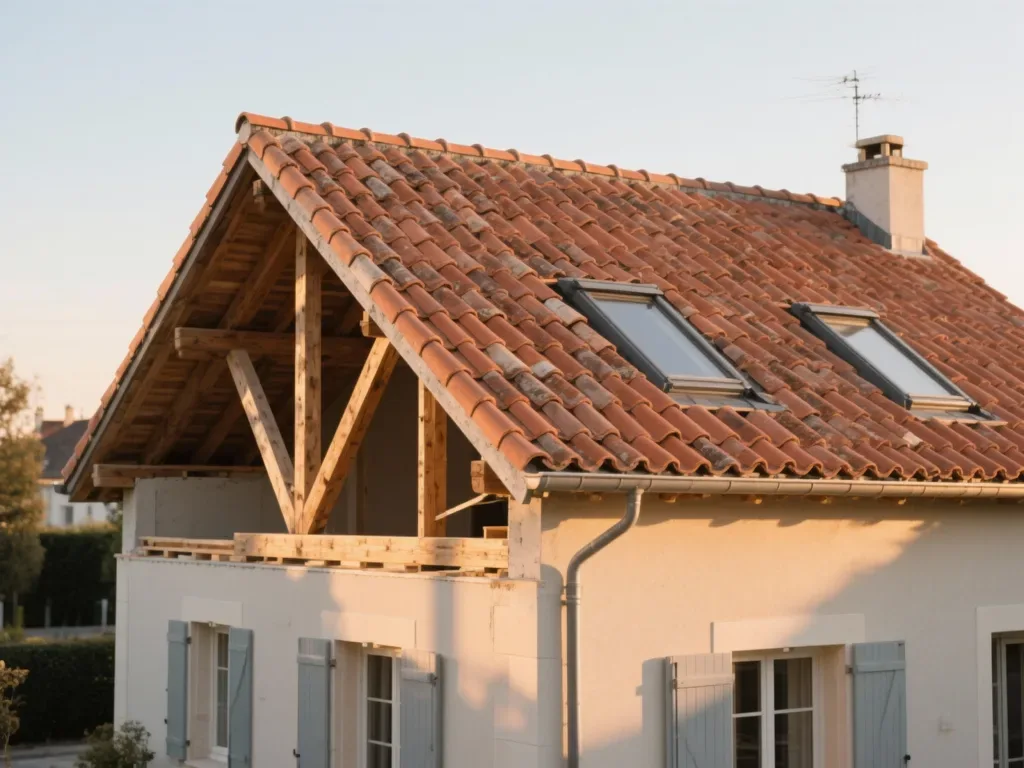 Maison avec toiture rénovée en France, tuile terre cuite sous lumière douce