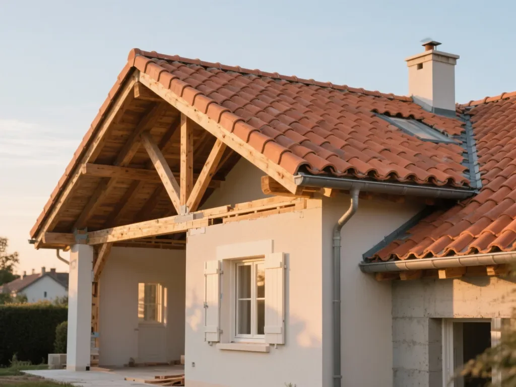 Maison avec toiture rénovée en France, tuile terre cuite sous lumière douce