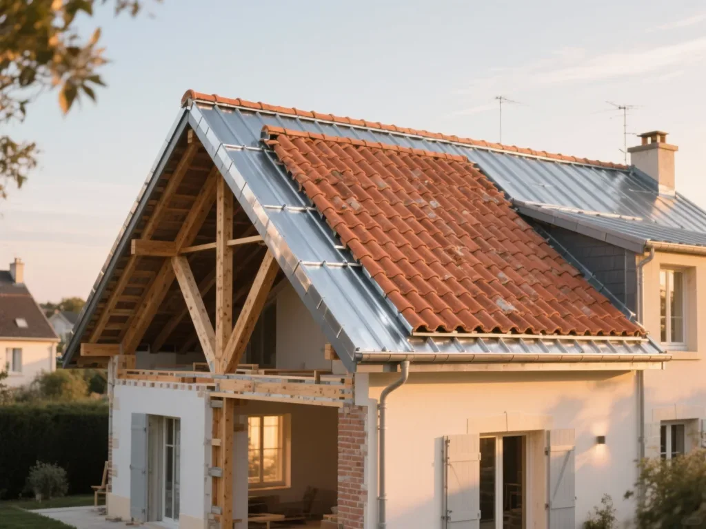 Maison avec toiture rénovée en France, tuile terre cuite sous lumière douce