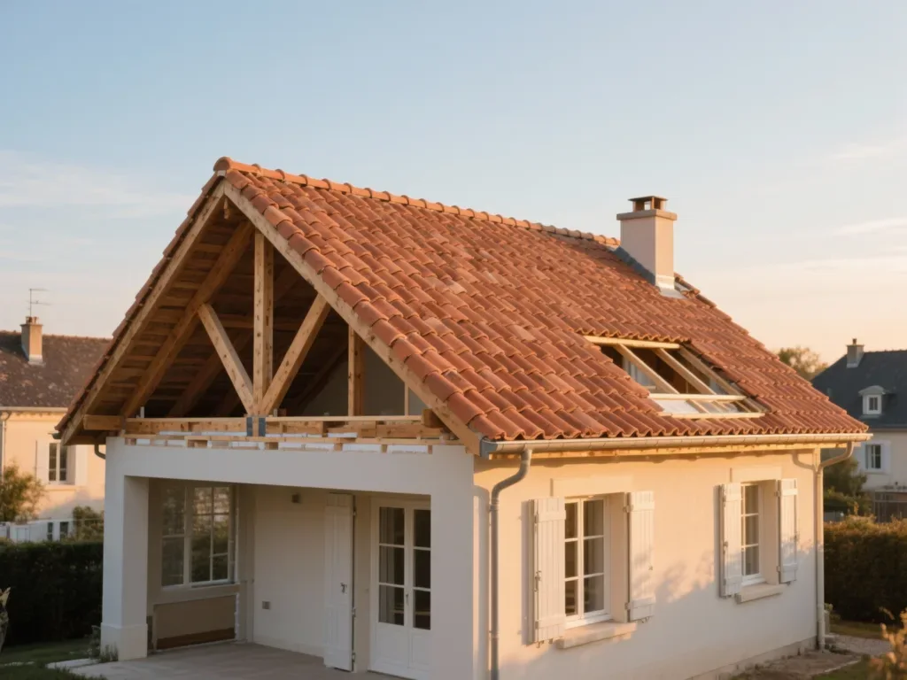 Maison avec toiture rénovée en France, tuile terre cuite sous lumière douce
