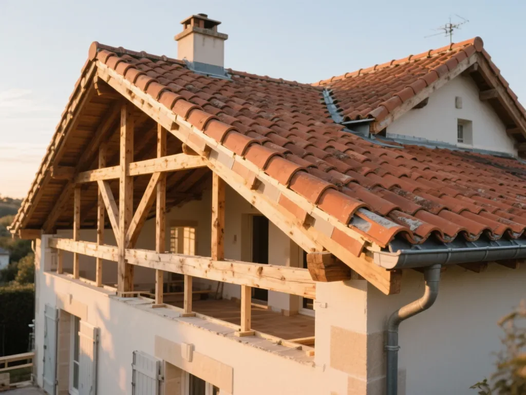 Maison avec toiture rénovée en France, tuile terre cuite sous lumière douce