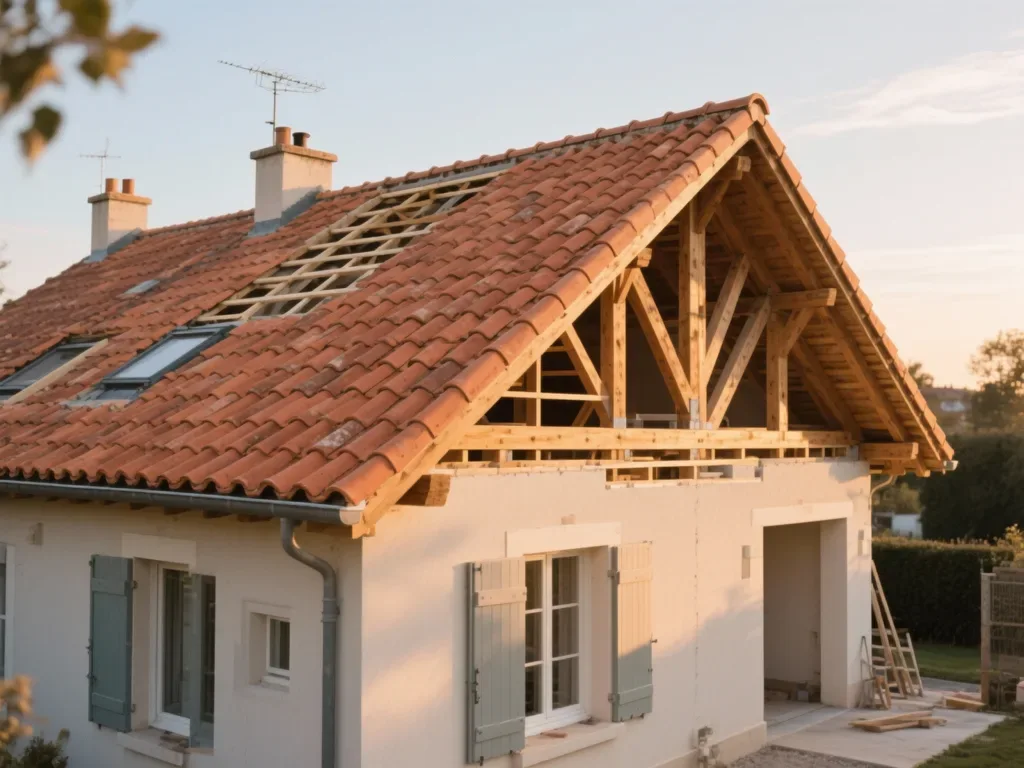 Maison avec toiture rénovée en France, tuile terre cuite sous lumière douce