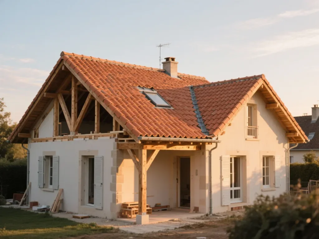 Maison avec toiture rénovée en France, tuile terre cuite sous lumière douce