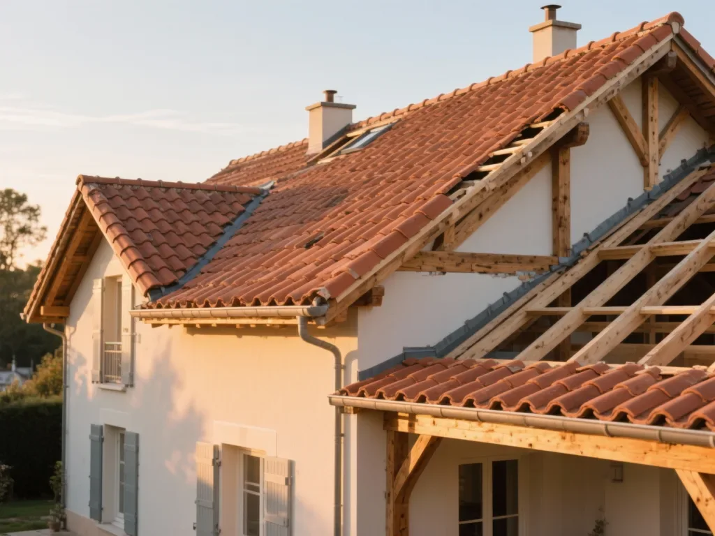 Maison avec toiture rénovée en France, tuile terre cuite sous lumière douce