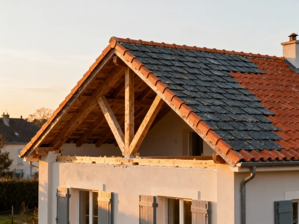 Maison avec toiture rénovée en France, tuile terre cuite sous lumière douce
