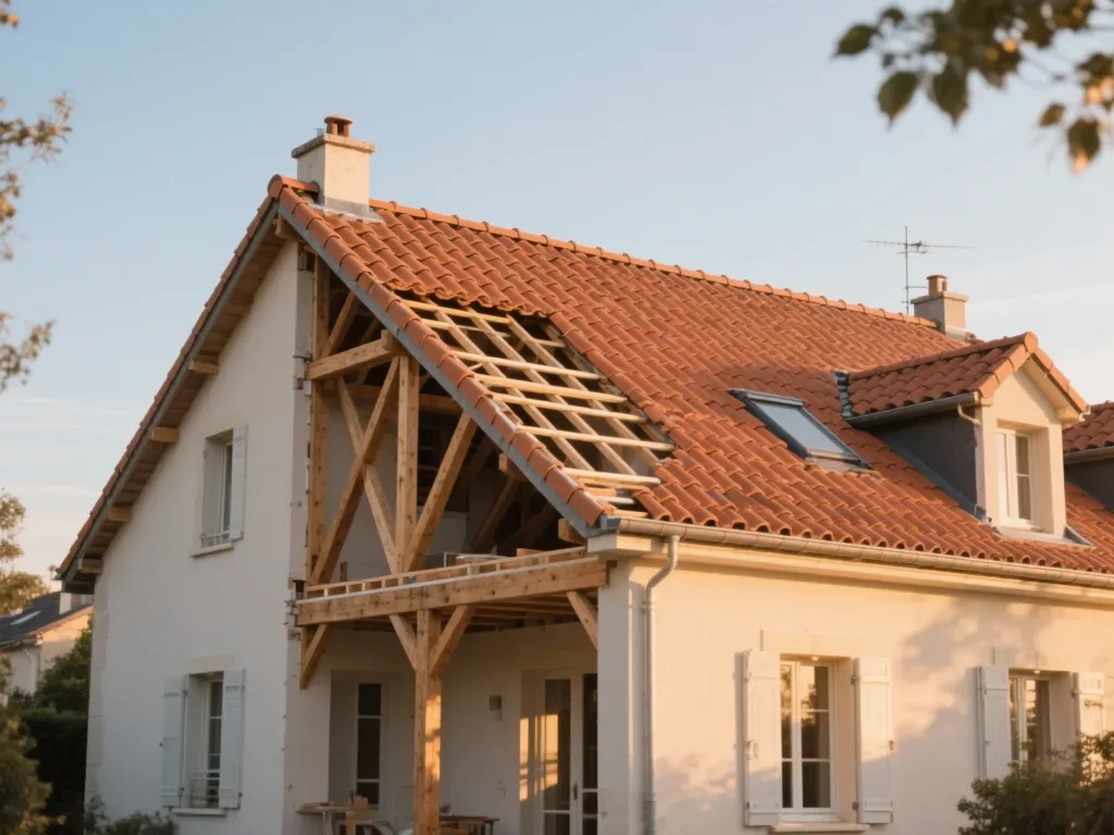 Maison avec toiture rénovée en France, tuile terre cuite sous lumière douce