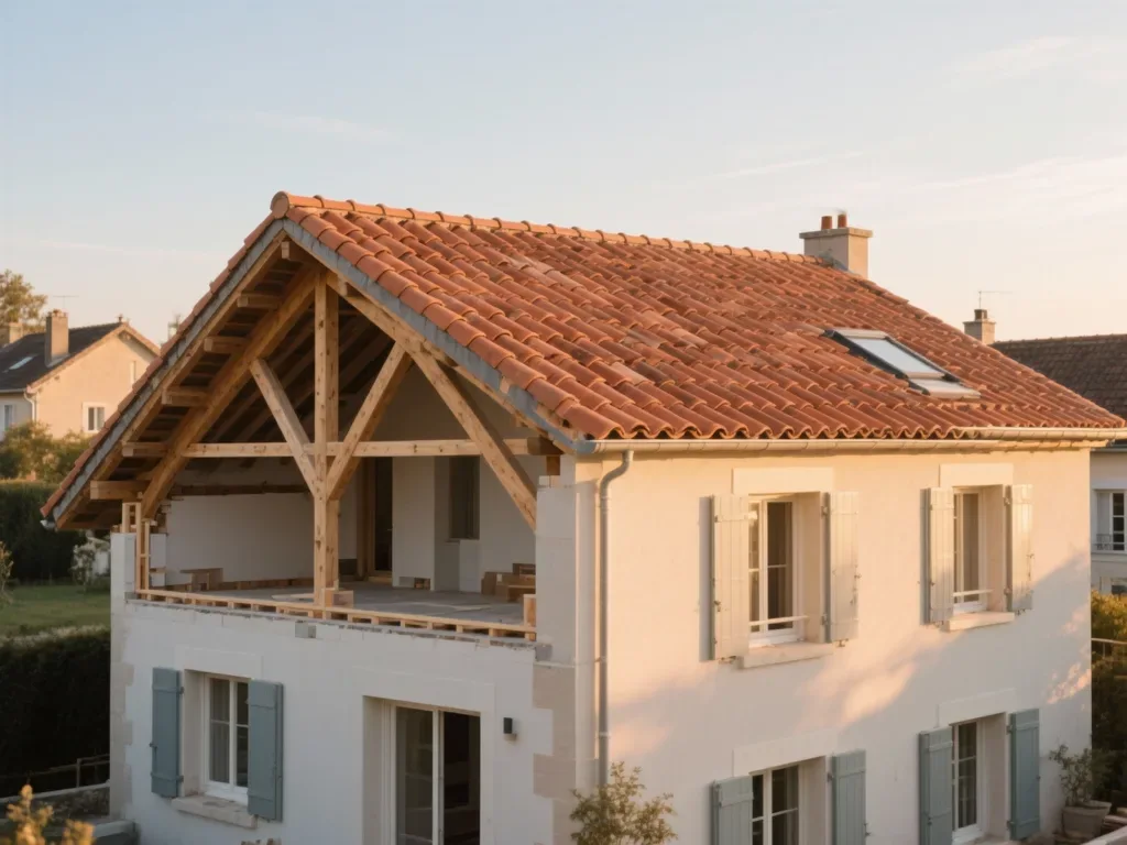 Maison avec toiture rénovée en France, tuile terre cuite sous lumière douce