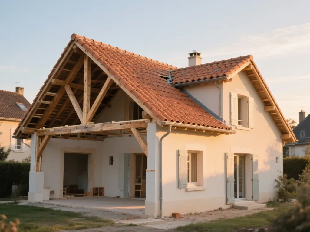 Maison avec toiture rénovée en France, tuile terre cuite sous lumière douce