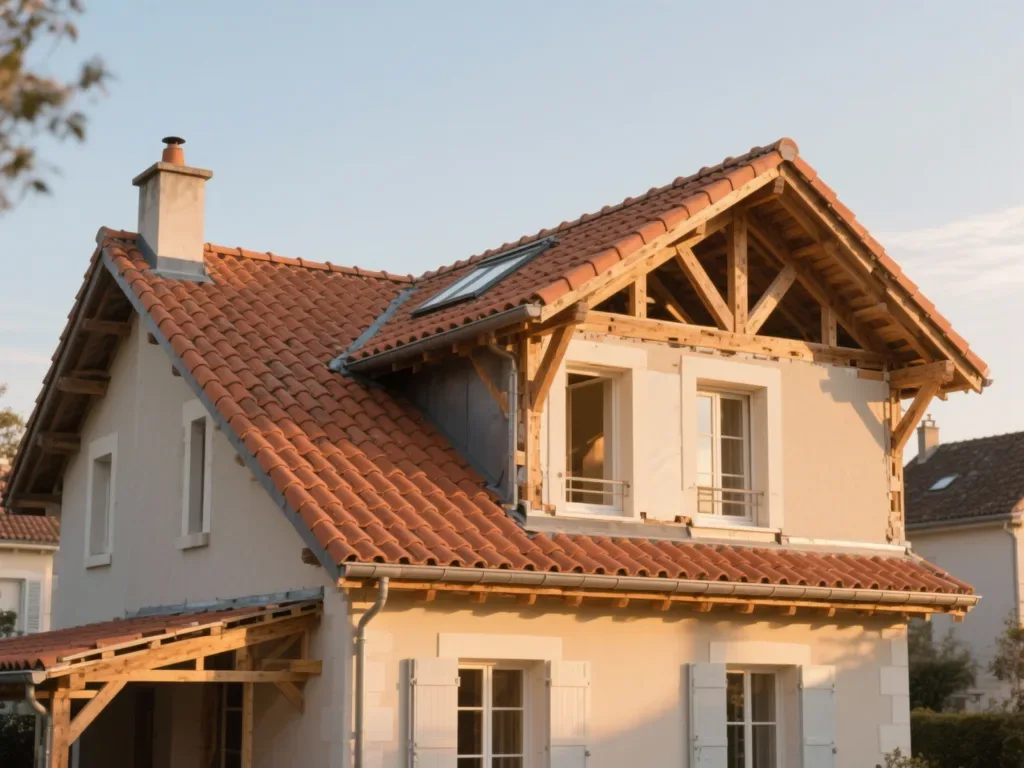 Maison avec toiture rénovée en France, tuile terre cuite sous lumière douce