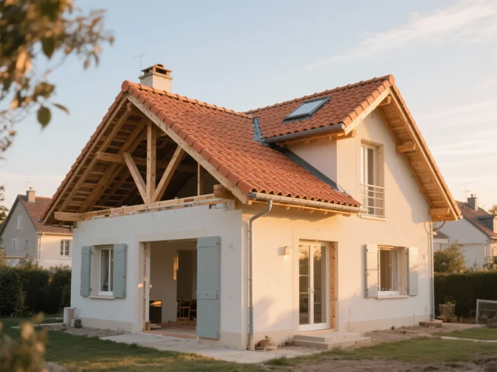 Maison avec toiture rénovée en France, tuile terre cuite sous lumière douce